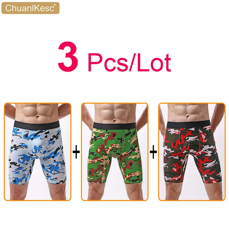Men's Panties  Cotton Plus Long Size Sexy Boxers High Quality Fitness Sports Camouflage Medium Length Shorts Cheap 3 Pcs/Lot