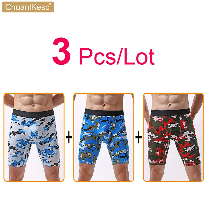 Men's Panties  Cotton Plus Long Size Sexy Boxers High Quality Fitness Sports Camouflage Medium Length Shorts Cheap 3 Pcs/Lot