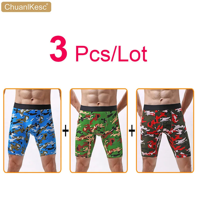 Men's Panties  Cotton Plus Long Size Sexy Boxers High Quality Fitness Sports Camouflage Medium Length Shorts Cheap 3 Pcs/Lot