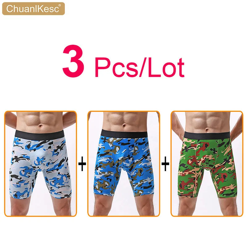 Men's Panties  Cotton Plus Long Size Sexy Boxers High Quality Fitness Sports Camouflage Medium Length Shorts Cheap 3 Pcs/Lot