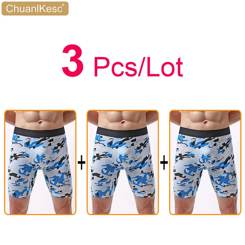 Men's Panties  Cotton Plus Long Size Sexy Boxers High Quality Fitness Sports Camouflage Medium Length Shorts Cheap 3 Pcs/Lot