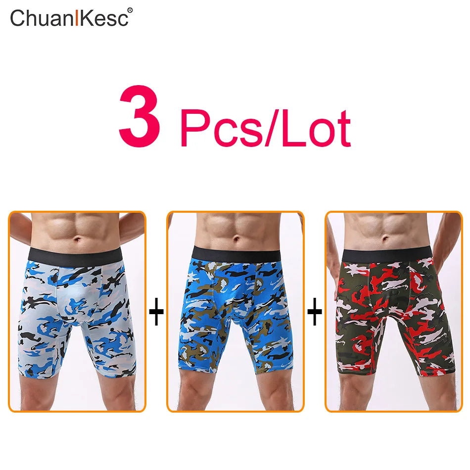 Men's Panties  Cotton Plus Long Size Sexy Boxers High Quality Fitness Sports Camouflage Medium Length Shorts Cheap 3 Pcs/Lot