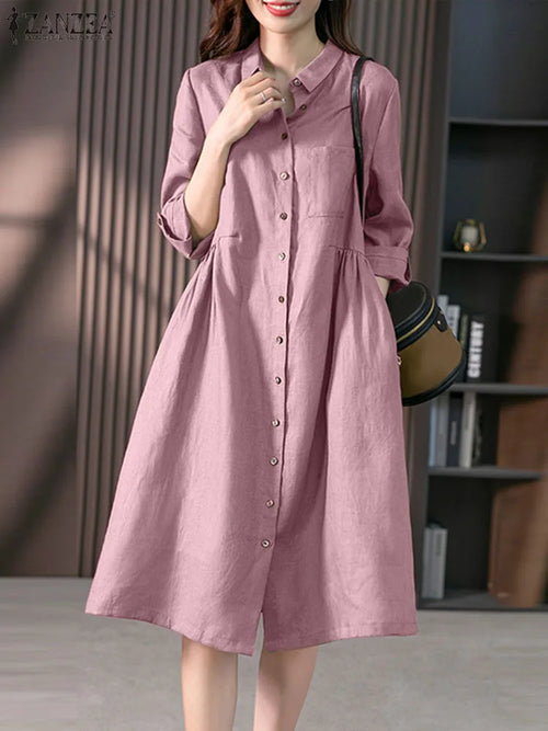 2024 Spring Causal Shirt Dress Women Long Sleeve Solid Dresses ZANZEA Fashion Lapel Neck Midi Vestidos Holiday Sundress Oversize