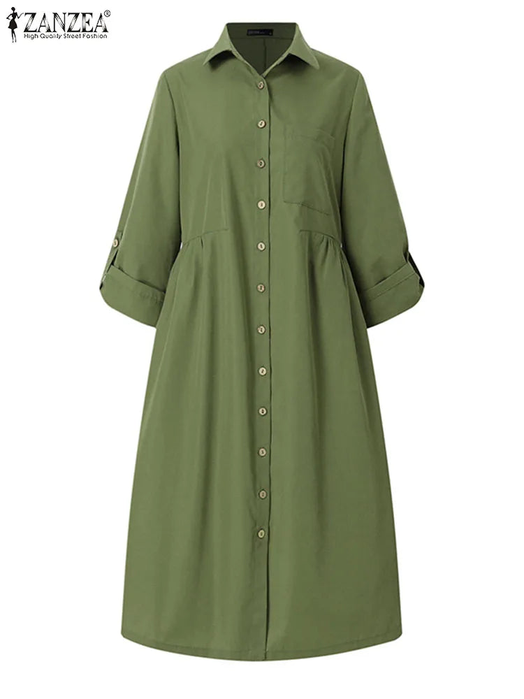 2024 Spring Causal Shirt Dress Women Long Sleeve Solid Dresses ZANZEA Fashion Lapel Neck Midi Vestidos Holiday Sundress Oversize