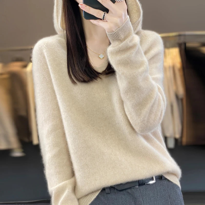 Autumn/Winter New 100% Merino Wool Women's Hooded Sweater Jumper Fashion Warm Sweater Women's Solid Color Solid Knit Soft Top