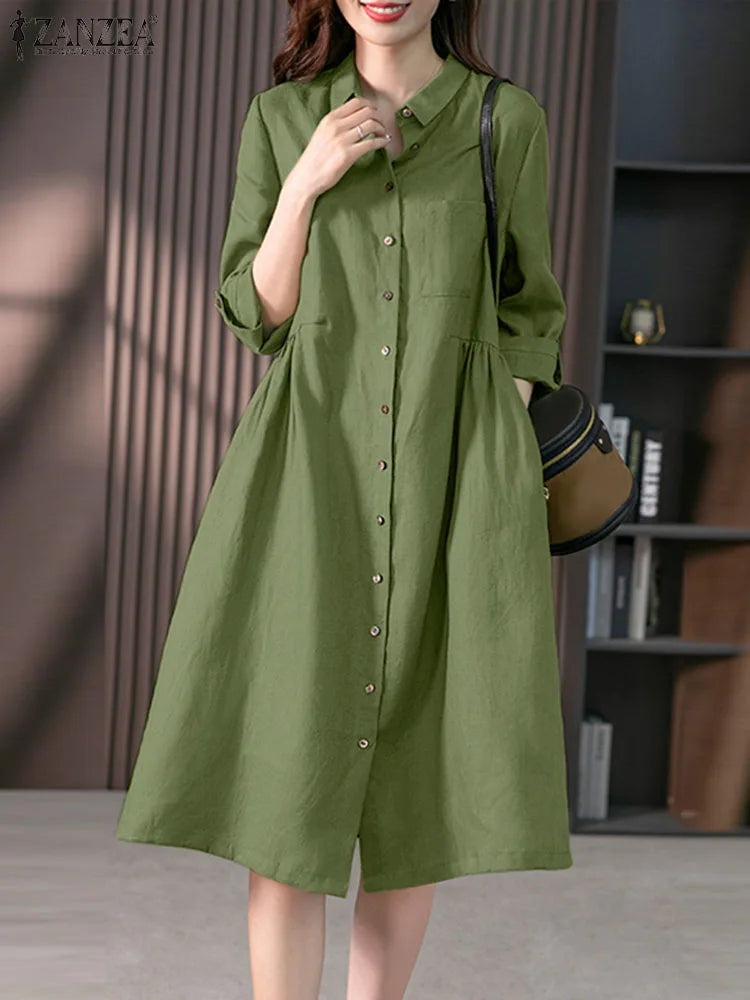 2024 Spring Causal Shirt Dress Women Long Sleeve Solid Dresses ZANZEA Fashion Lapel Neck Midi Vestidos Holiday Sundress Oversize
