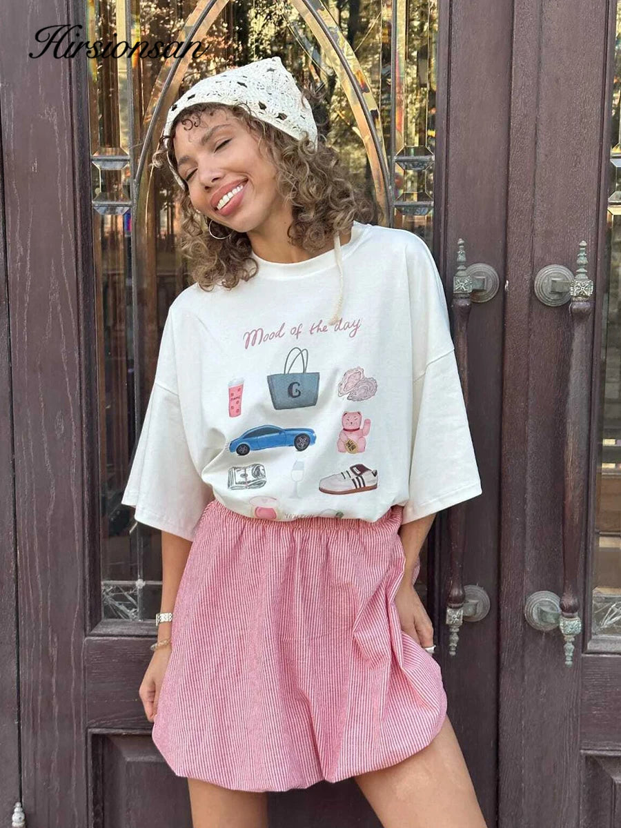 Hirsionsan Vintage Aesthetic Graphic Printed T Shirt Women Summer Cotton Soft Short Sleeve Tee Female Oversized Higt Street Tops
