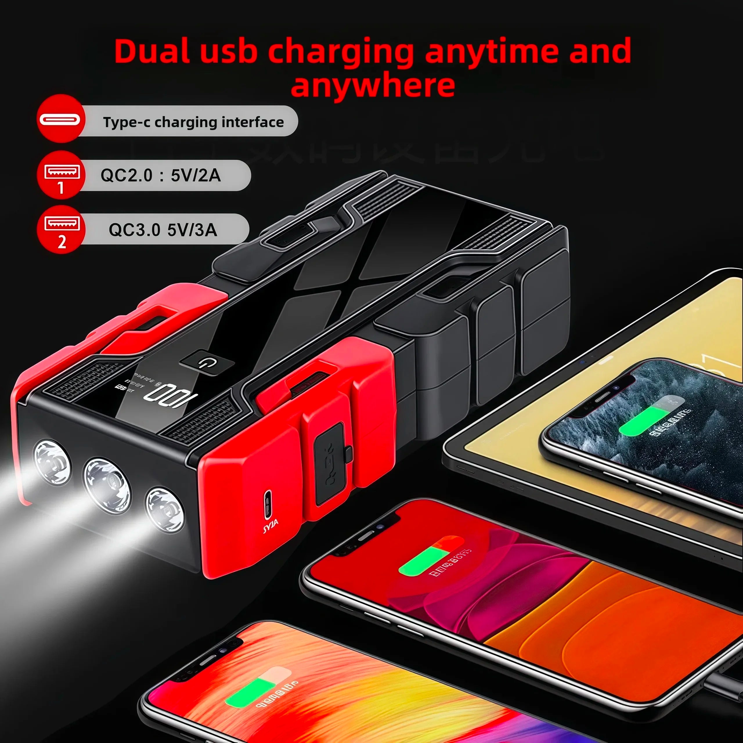 New 12V 99800mAh Car Jump Starter ,Portable Emergency Power Bank Battery Booster with LED Light, USB, for SUV Van Motorcycle ATV