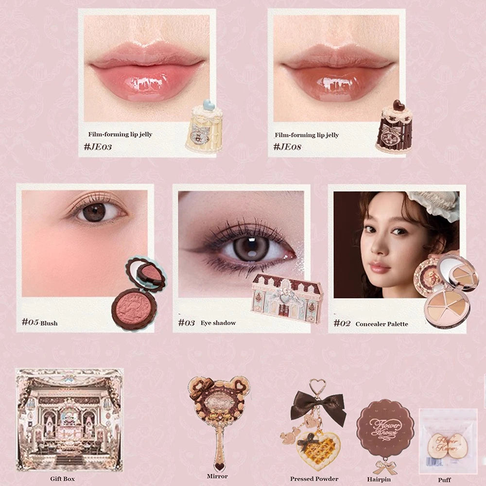 Flowerknows THE SWEETIE BEAR COLLECTION Makeup Gift Set All In Concealer Palette Blush Setting Powder Lip Jelly Gift Box Mirror