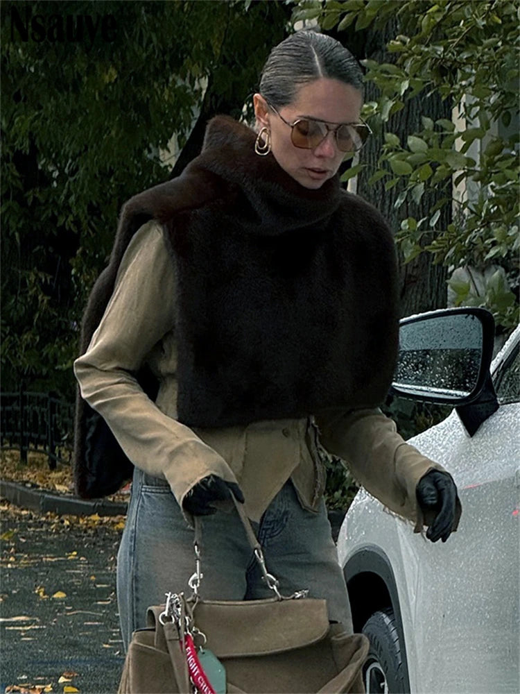 Nsauye 2024 Winter New Female Chic Fashion Sleeveless Faux Fur Women's Coat Thickened Warm Jackets Outerwear Tops Ladies Coats