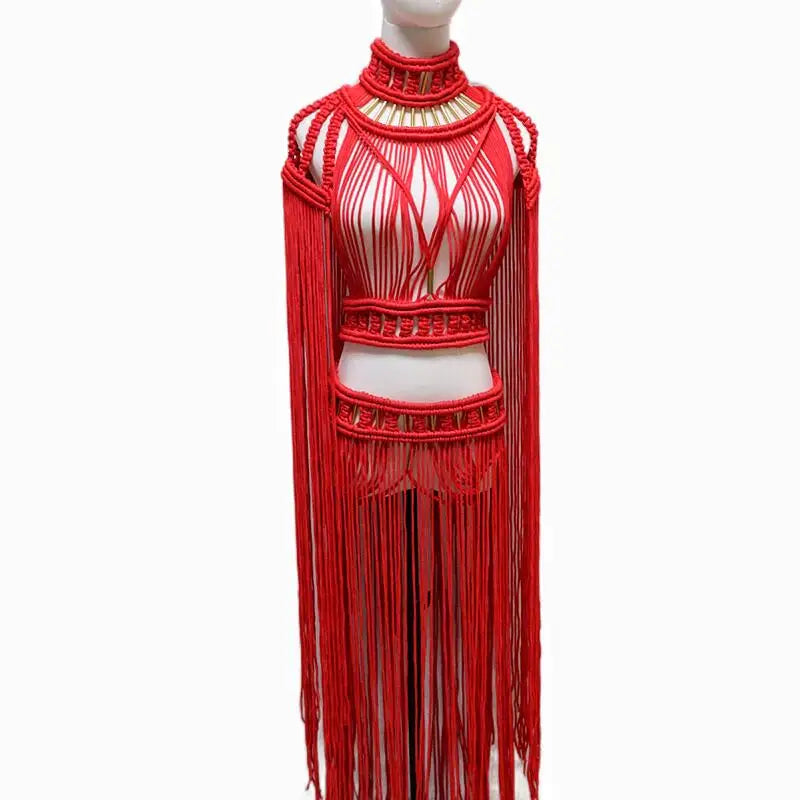 Tassel Hand Crochet Knitted Women Bikini Cover Ups 2023 Summer Holiday Beach Bathing Suit Sexy Hollow Out Skirts Matching Set