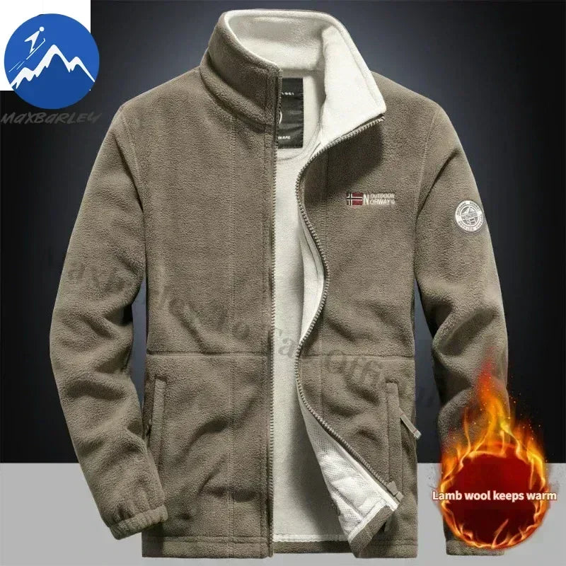 Winter Warm Fleece Jacket Men Climbing Double Thickened Pocket Jacket Outdoor High Collar Windproof Ski Sweatshirt Coat Man Snow