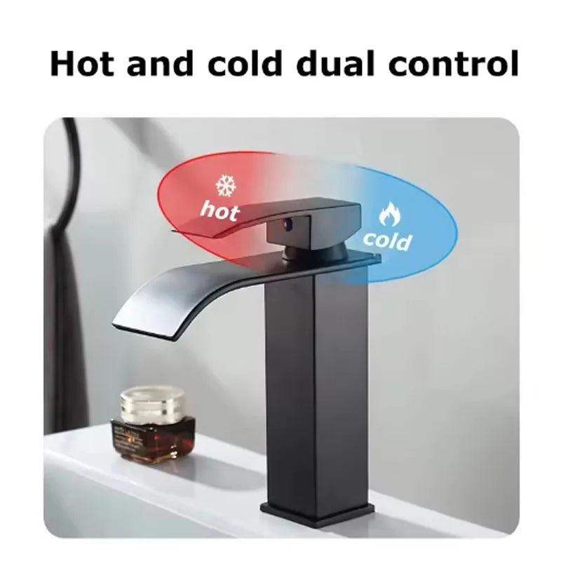 Hot And Cold Stainless Steel Waterfall Wash Basin High And Low Faucet Black Toilet Wash Basin Bathroom