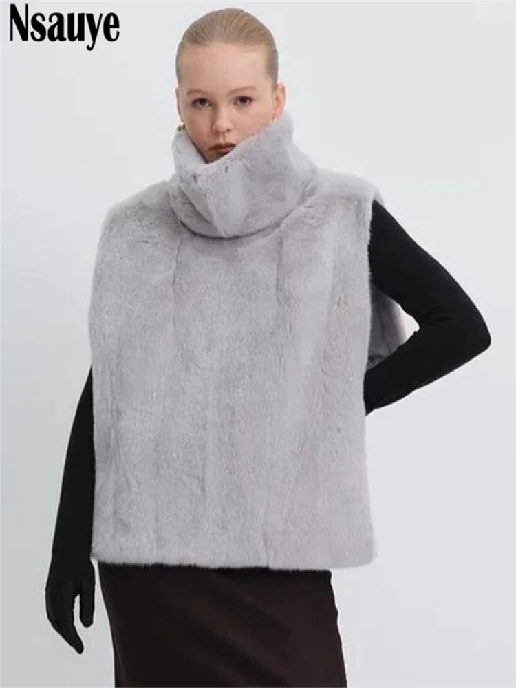 Nsauye 2024 Winter New Female Chic Fashion Sleeveless Faux Fur Women's Coat Thickened Warm Jackets Outerwear Tops Ladies Coats