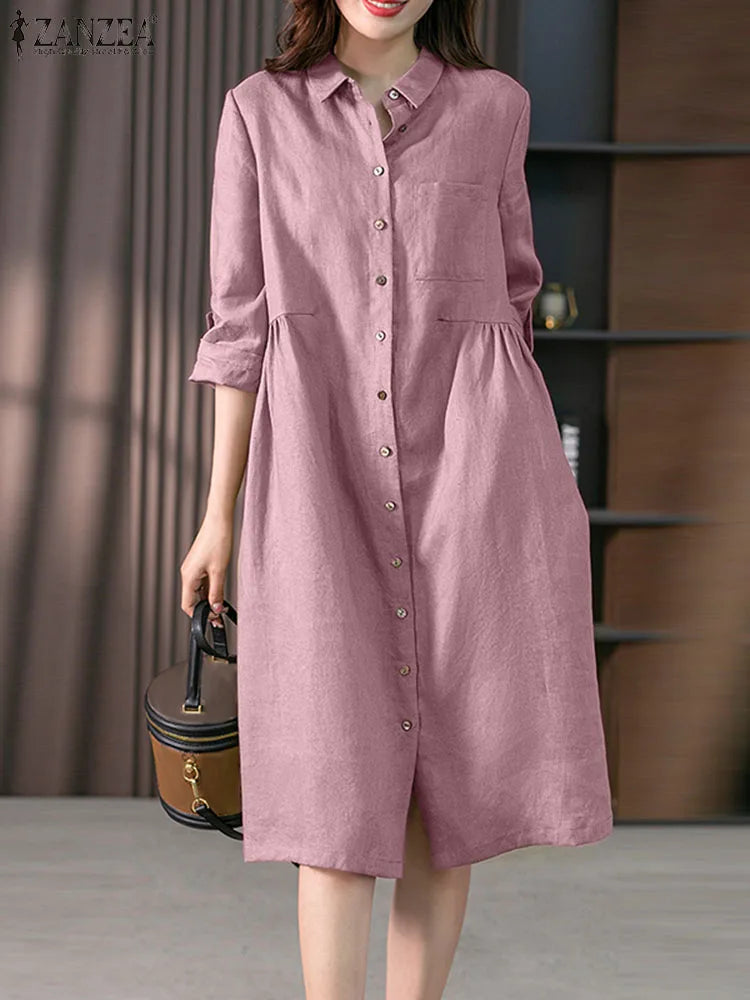 2024 Spring Causal Shirt Dress Women Long Sleeve Solid Dresses ZANZEA Fashion Lapel Neck Midi Vestidos Holiday Sundress Oversize