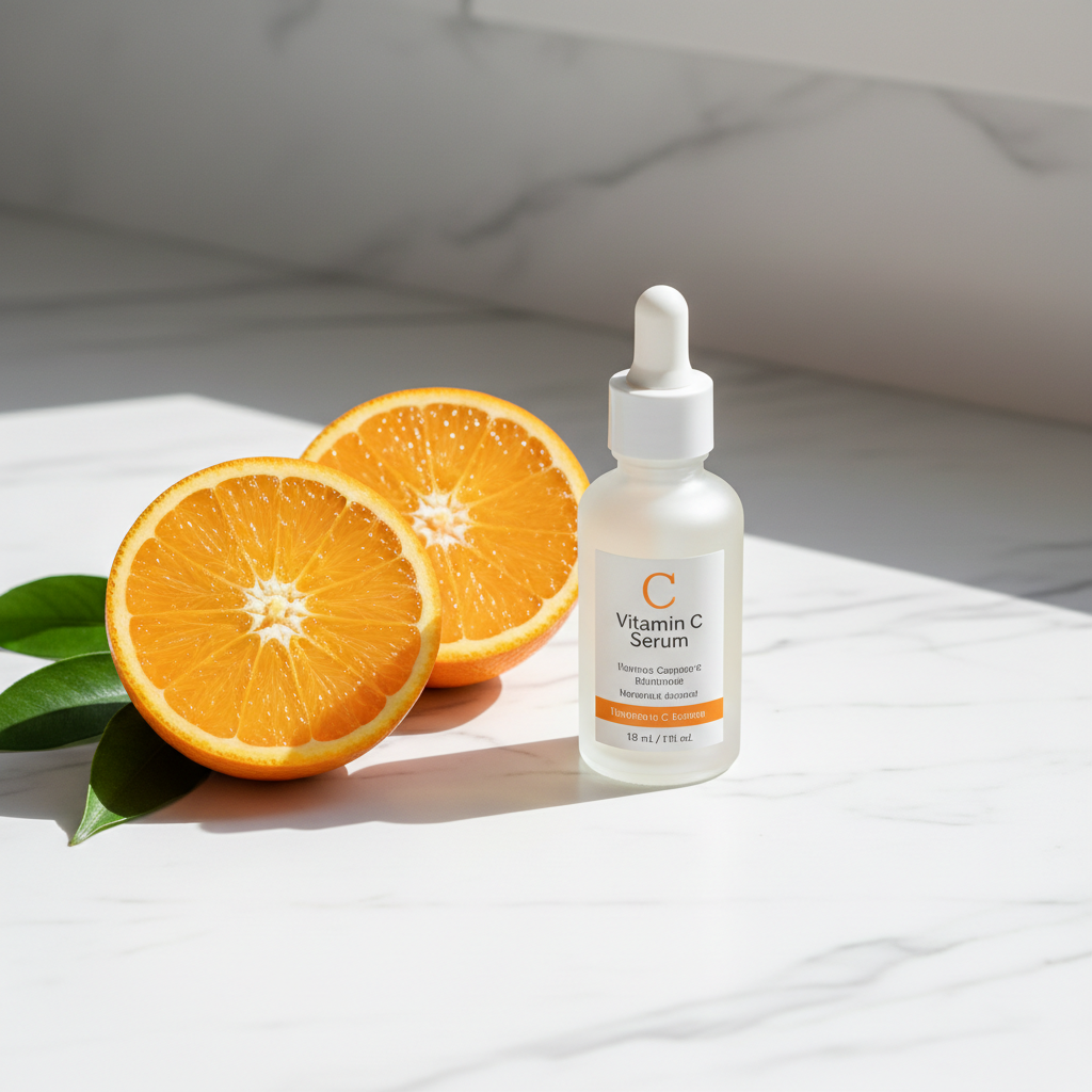 ClearSpot Vitamin C Brightening Serum on marble surface with citrus
